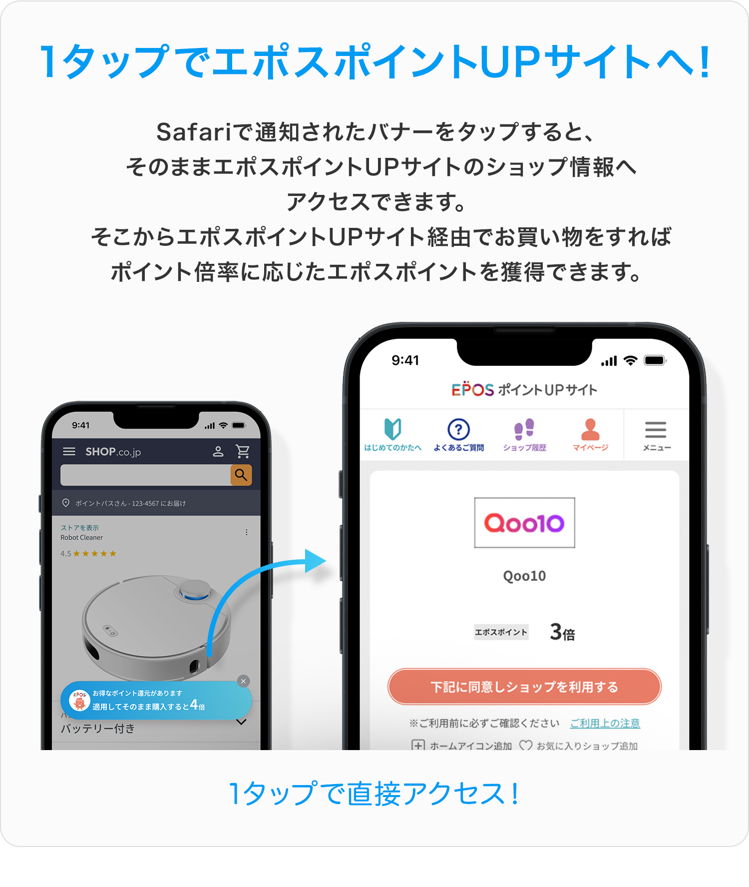 1タップでエポスポイントUPサイトへ！Safariで通知されたバナーをタップすると、そのままエポスポイントUPサイトのショップ情報へアクセスできます。そこからエポスポイントUPサイト経由でお買い物をすればポイント倍率に応じたエポスポイントを獲得できます。