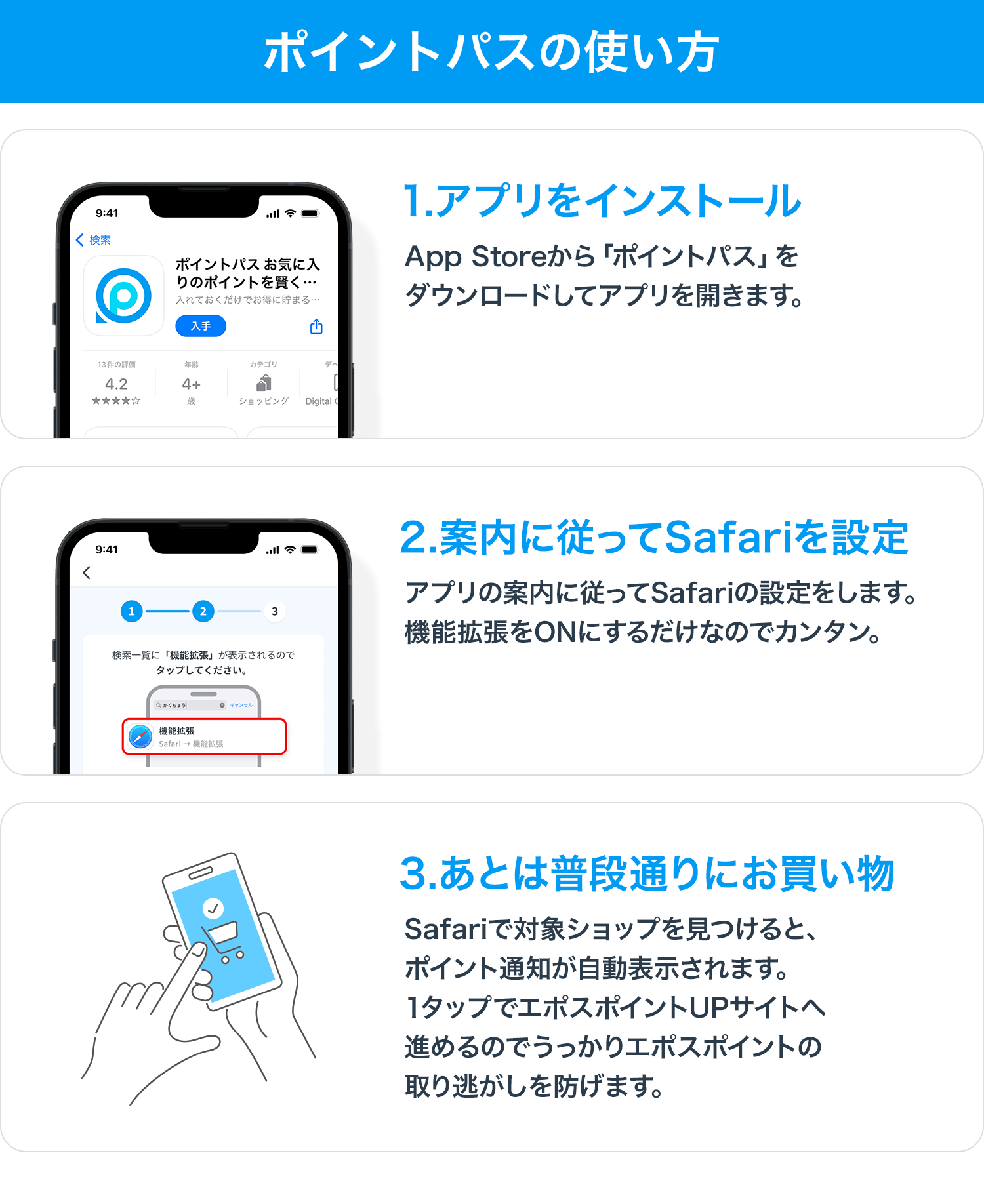 ポイントパスの使い方 1.アプリをインストール App Storeから「ポイントパス」をダウンロードしてアプリを開きます。2.案内に従ってSafariを設定 アプリの案内に従ってSafariの設定をします。機能拡張をONにするだけなのでカンタン。3.あとは普段通りにお買い物 Safariで対象ショップを見つけると、ポイント通知が自動表示されます。1タップでエポスポイントUPサイトへ進めるのでうっかりエポスポイントの取り逃がしを防げます。